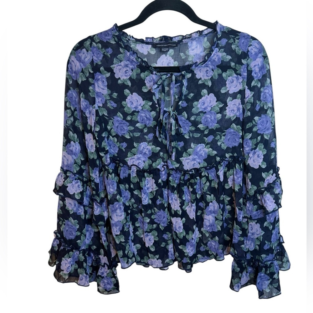 American Eagle Sheer Floral Toe Front Bell Sleeve Bohemian Blouse